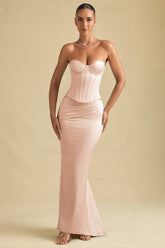 Draped Low-Rise Maxi Skirt in Beige Gold